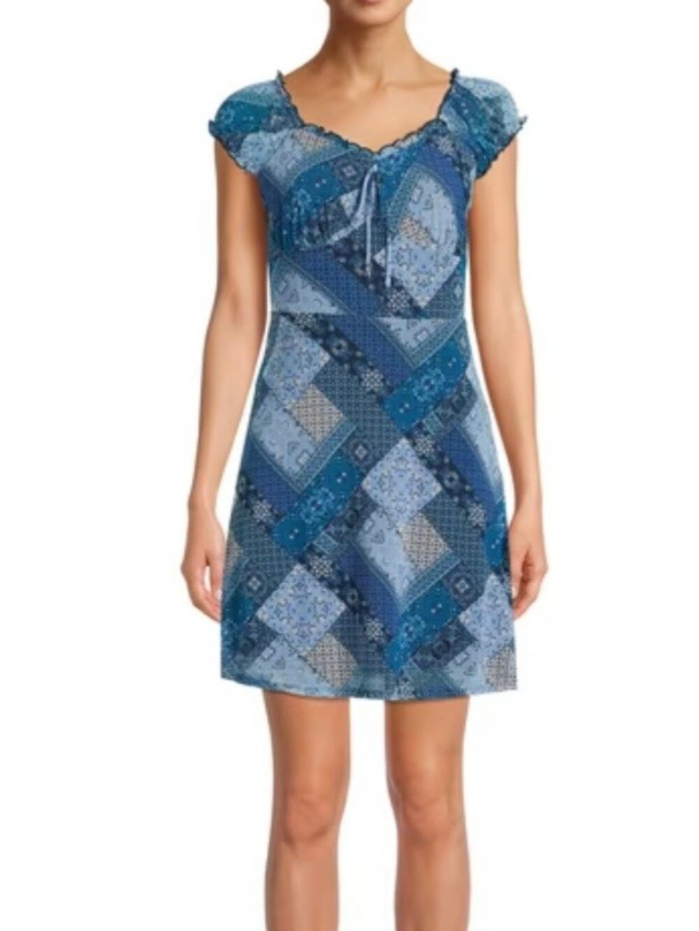 No Boundaries Patchwork Style Y2k Boho Mesh Mini Dress Juniors Blue XXL